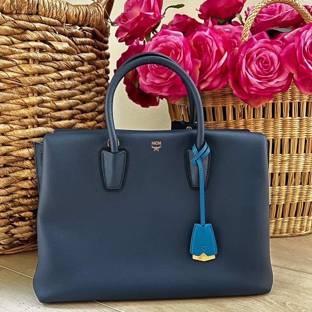 MCM Milla tote bag purse satchel large blue gold